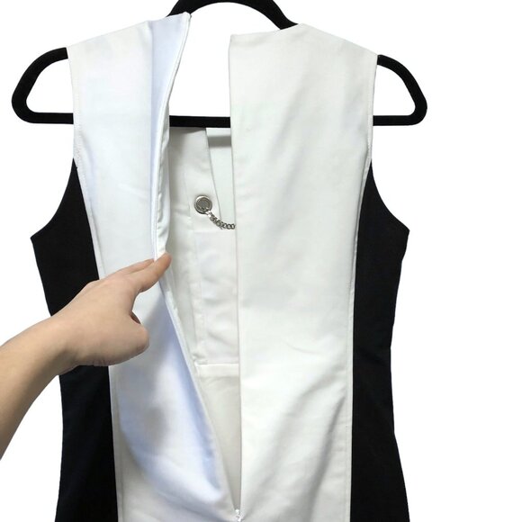 Etcetera Solid White Black Notch Neckline Sleeveless Lined Sheath Dress 2 - Picture 13 of 15